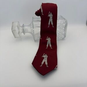 Burgundy Red Baseball Player Pattern Necktie Sport Fan embroidered Tie Bat Ball
